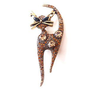 Fun Cat in Glasses Brooch Rhinestone Pin Stylish Sparkle Gold Tone Metal